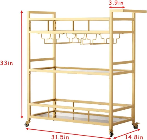 Miniatura 4 de Carritos de barra dorados con estantes de vidrio de 3 niveles, carrito de barra de servicio rodante con estante para vino y soporte para vidrio