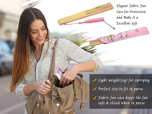 Miniatura 7 de OMyTea abanico plegable de mano para mujer - abanico de bambú y seda vintage chino/japonés plegable - para sofocos, iglesia, EDM, festival
