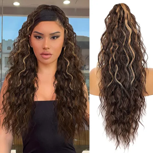 Miniatura 40 de ORSUNCER Extensión de cola de caballo de 18" con pinza rizada, cola de caballo esponjosa, extensiones de pelo sintético de aspecto natural para mujer
