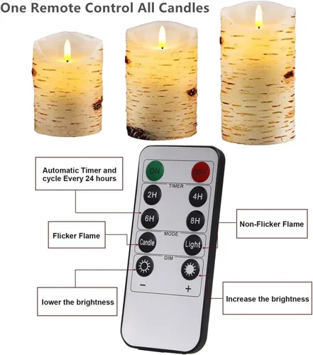 Miniatura 2 de Juego de 3 velas sin llama de corteza de abedul, velas parpadeantes de 4" 5" 6" operadas por baterías con control remoto, vela eléctrica con Abedul