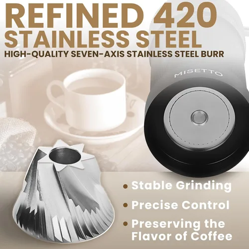 Miniatura 2 de MISETTO Molinillo de café manual con rebaba cónica de acero inoxidable CNC, ajuste externo ajustable, posicionamiento de doble rodamiento, café