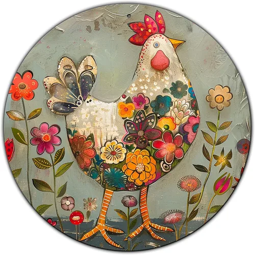 Letrero de Metal de Pollo y Flor Letrero de Estaño Vintage Letrero Redondo Letrero de Aluminio para Casa de Granja Cocina Exterior Afuera Casa Patio