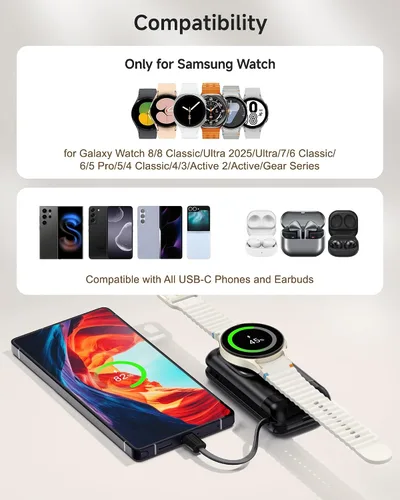 Miniatura 3 de Cargador de reloj portátil, 6000mAh 2 en 1, cargador portátil para Galaxy Watch 8/8 Classic/7/Ultra/6/6 Classic/5 Pro/5/4/3/Active 2, para Samsung