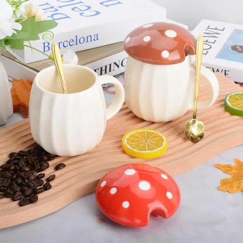 Miniatura 3 de Taza de hongo, bonita taza de café con tapa, cuchara de flores, infusor de té, juego de tazas de té de hongos Kawaii, 8.5 fl oz/8 onzas para leche