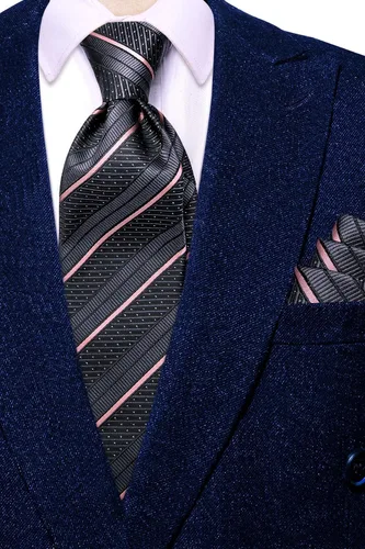 Miniatura 200 de Hi-Tie Corbatas de seda para hombre, diseño de cachemira a rayas, con bolsillo, gemelos cuadrados, conjunto formal de negocios