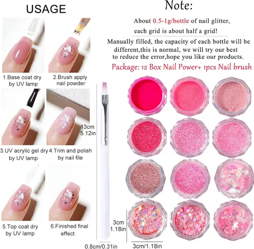 Miniatura 9 de Juego de polvos de purpurina rosa para arte de uñas, 12 frascos holográficos de lentejuelas para el día de San Valentín con cepillo, capa