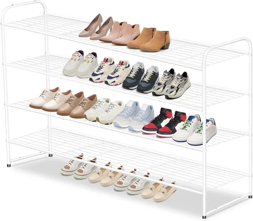 Miniatura 7 de AOODA Zapatero largo de 2 niveles para armario, organizador de almacenamiento de zapatos apilable de metal para entrada, dormitorio, piso, 18 pares
