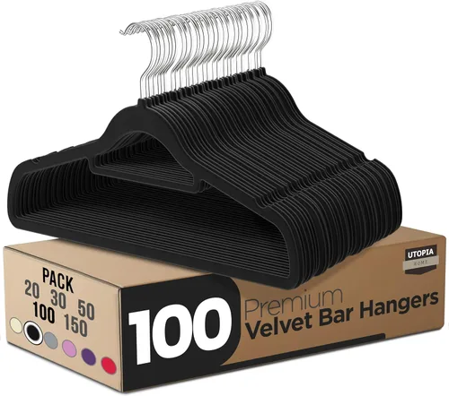 Miniatura 21 de Utopia Home Perchas de terciopelo de alta calidad, paquete de 20 – Percha antideslizante con barra de amarre – Perchas negras con gancho giratorio