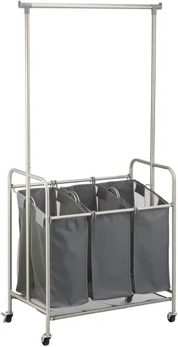 Miniatura 8 de mDesign Clasificador de ropa portátil con ruedas y barra para colgar ropa, sistema de carrito de metal resistente con 3 cestas organizadoras