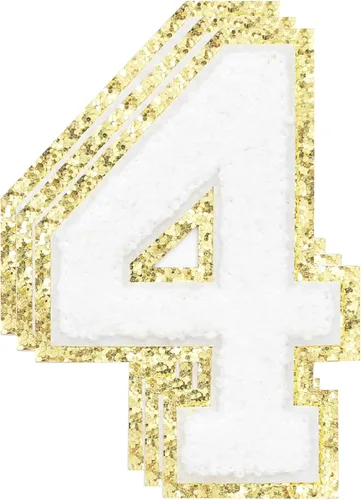 Miniatura 208 de 3 parches de números de chenilla negra, tamaño grande de 4-1/2" parches de números para planchar, parches universitarios para ropa, 8" Borde oro rosa