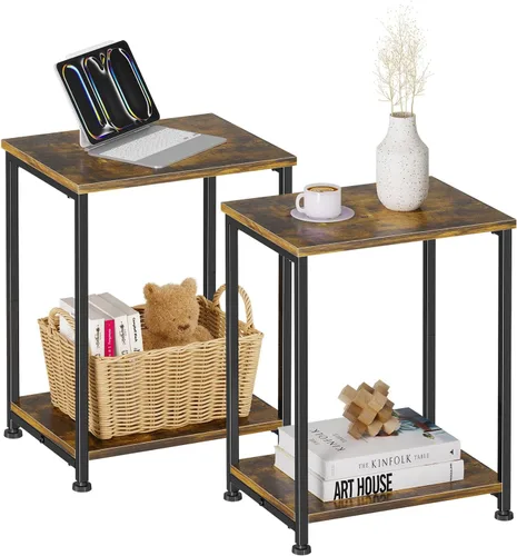 Miniatura 9 de Simple Trending Mesa auxiliar, mesa auxiliar pequeña para sala de estar, mesita de noche con estantes de almacenamiento de 2 niveles, marrón rústico