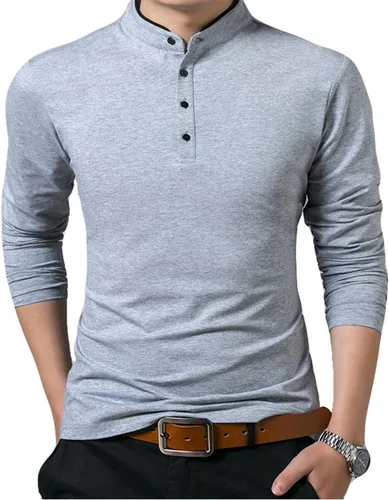 Miniatura 2 de KUYIGO Camisas de manga larga estilo polo para hombre, estilo informal, cuello mandarín, ajustadas, de algodón
