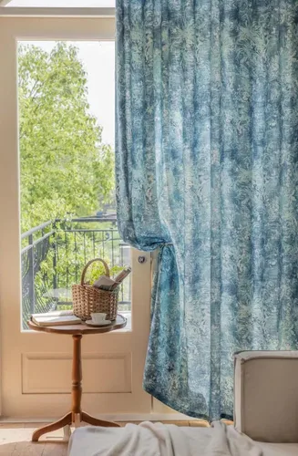 Cortinas azules para ventana de sala de estar de 84 pulgadas de largo, juego de 1 panel largo de lino de algodón con textura floral, cortinas