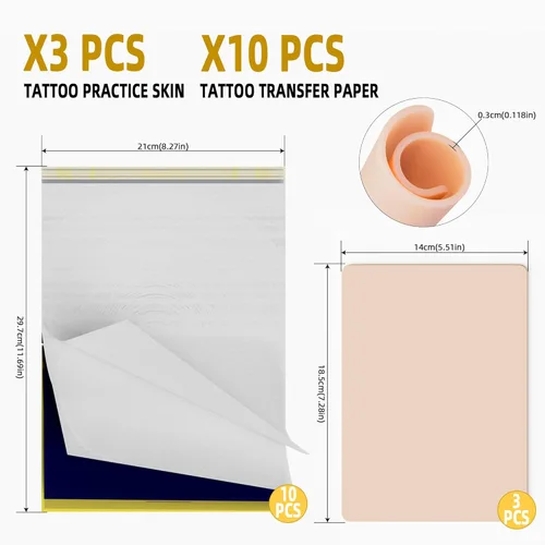 Miniatura 6 de Kit de piel de práctica de tatuajes en blanco, juego de 13 piezas con 3 pieles falsas de doble cara de 7.4 x 5.6 pulgadas y 10 papeles