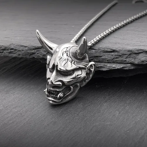 Miniatura 5 de Oni Mask Hannya Prajna - Collar de acero inoxidable con máscara de diablo japonés, collar de samurái de buena suerte