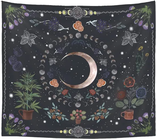 LINICE Tapiz de plantas, tapiz de fase lunar de la naturaleza para colgar en la pared, tapiz bohemio de mandala estético para decoración de