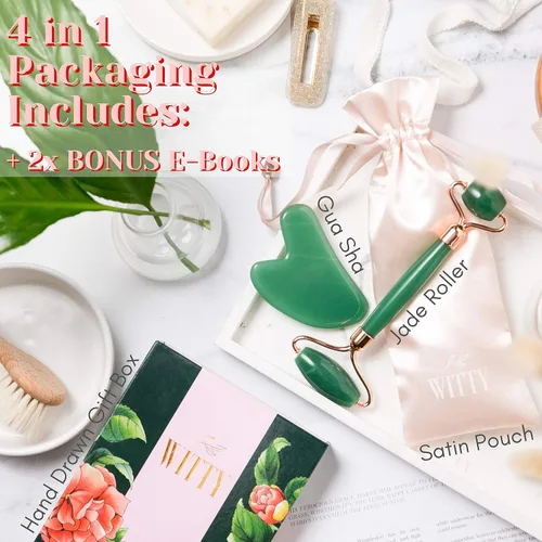 Miniatura 2 de WITTY Juego de rodillo facial de jade y Gua Sha en caja de regalo dibujada a mano, piedra Gua Sha, rodillo masajeador facial, herramientas de Verde