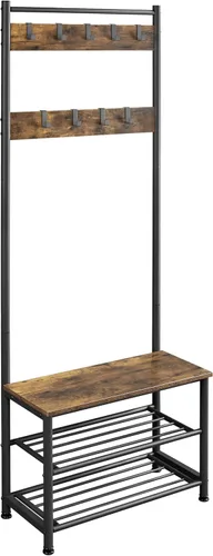 Yaheetech Árbol de pasillo de metal con banco de almacenamiento de zapatos, perchero de entrada con 2 estantes para zapatos y 9 ganchos móviles,