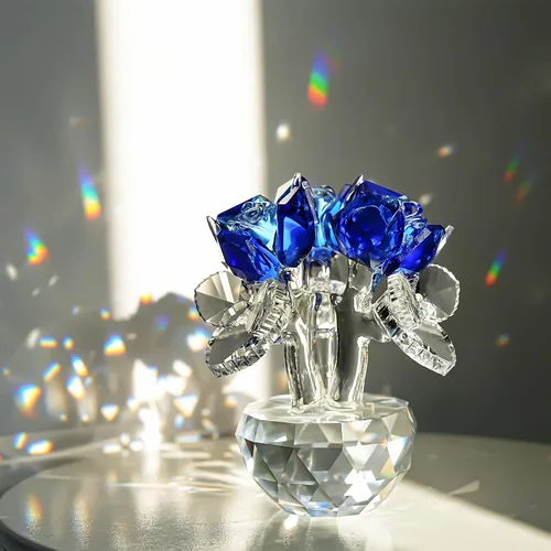 H&D HYALINE & DORA Figuritas de rosas de cristal azul con caja de regalo