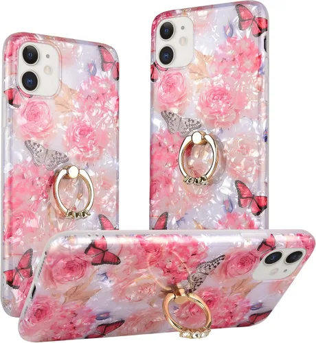Miniatura 11 de Qokey Funda compatible con iPhone 11 de 6.1 pulgadas, diseño floral transparente para mujer con soporte de anillo giratorio de 360 grados, funda