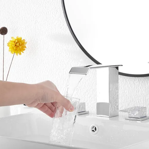 Miniatura 7 de Grifo de baño cromado con cascada de 3 agujeros, 2 manijas, polisehd, cascada cromada, moderna, con drenaje desplegable Cromo
