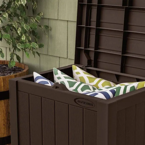 Miniatura 7 de Suncast - Caja pequeña de 22 galones y resina ligera para asiento y almacenamiento en terraza exterior de cojines de patio, herramientas de Marrón
