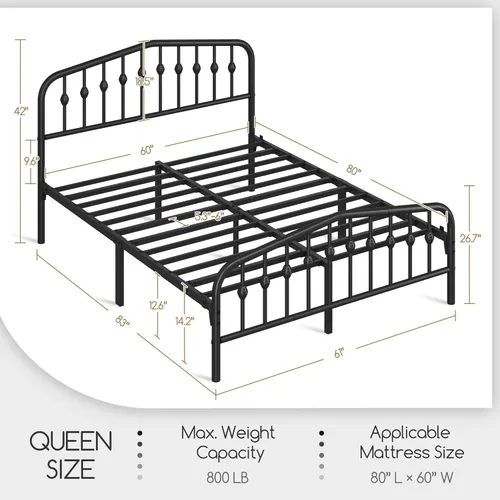 Miniatura 2 de Yaheetech - Marco de cama de metal tamaño Queen con plataforma, cabecero y estribo de estilo victoriano, fácil de ensamblar, no necesita somier