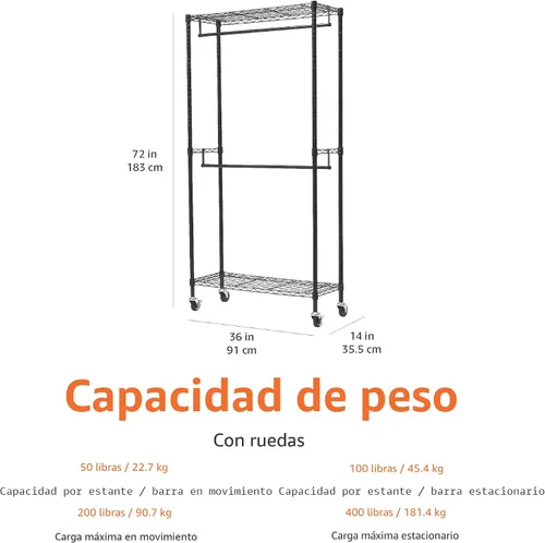 Miniatura 6 de Amazon Basics Perchero ajustable con doble barra, organizador de ropa colgante con ruedas, resistente, 36 x 14 x 72 pulgadas, negro