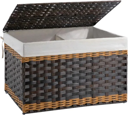 Miniatura 11 de OIAHOMY Cesta de almacenamiento con tapa, cesta de mantas de 42.3 galones (160L) con forro extraíble, cesta de mimbre sintético con asa, plegable