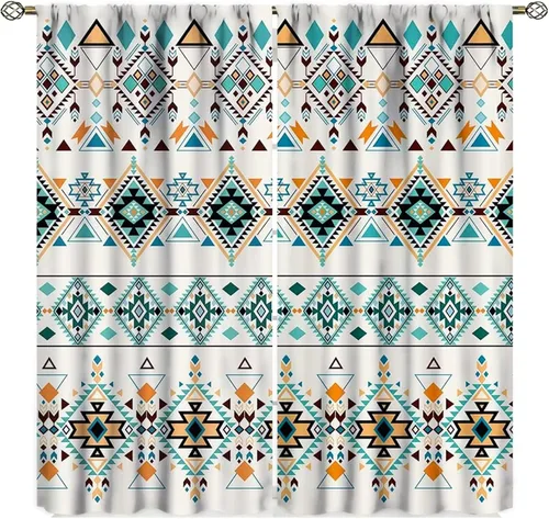 Miniatura 16 de Cortinas aztecas, patrón étnico tribal nativo del suroeste, estilo bohemio occidental, geométrico, tratamientos de ventana para sala de estar, juego