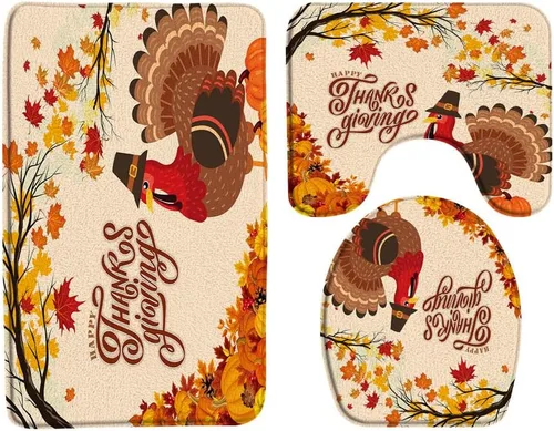 Miniatura 2 de Juego de 3 alfombras de baño para el día de Acción de Gracias, pavo de dibujos animados, granja, hoja de arce, calabaza, cosecha de otoño