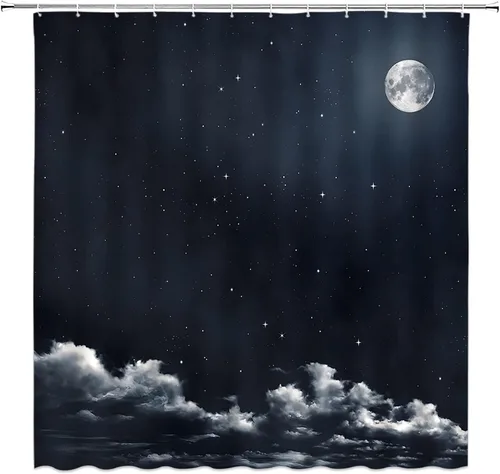 Miniatura 5 de AMFD Cortina de ducha con luna increíble, hermosa fantasía, cielo estrellado, luna brillante, azul, azul marino, negro, cortinas de baño, decoración