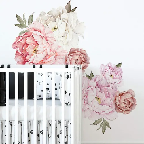 Miniatura 3 de Calcomanías de pared de flores de peonías, acuarela, elegantes calcomanías de pared florales para habitación de niñas, flores de peonía, carteles