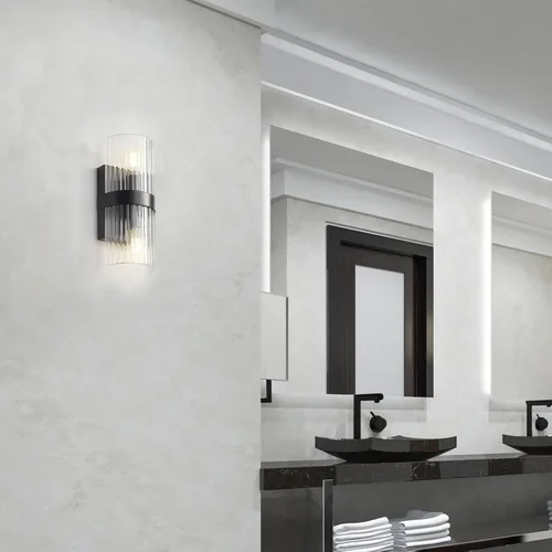 Miniatura 3 de Globe Electric 65000050 Aplique de pared de 2 luces, negro mate, pantalla de vidrio acanalado, enchufes de base E12, luces para sala de estar