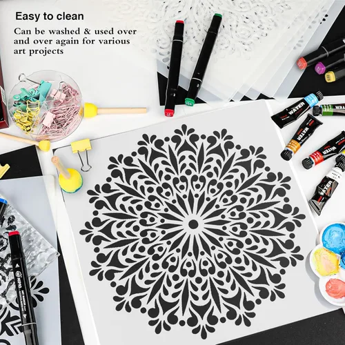 Miniatura 4 de SUNFEEL Paquete de 9 Plantillas Grandes de Mandala - Plantillas Reutilizables de 12 x 12 Pulgadas, Para Manualidades de Bricolaje de Pared y Suelo