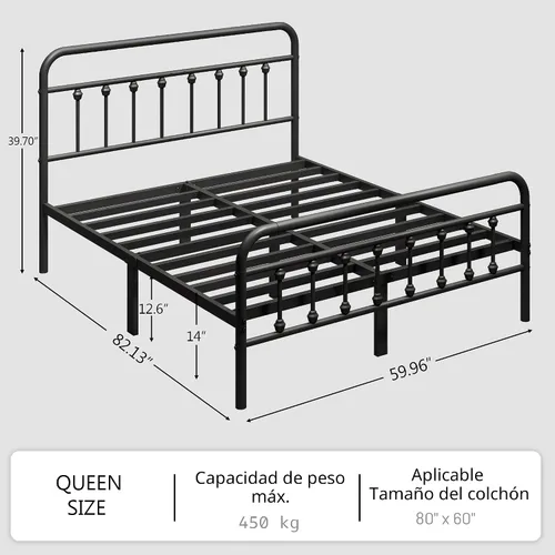 Miniatura 2 de zunatu Marco de Cama de Plataforma de Metal Tamaño Queen/Cabecera y Pie de Cama de Estilo Victoriano/Soporte de Listones de Acero/Fácil Montaje/No