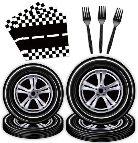 Juego de 96 platos y servilletas para fiesta de autos de carreras, suministros para fiesta de pista de carreras, vajilla desechable, decoraciones