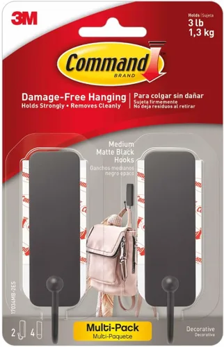 Command 17034BN-2ES - Ganchos decorativos medianos de níquel cepillado, 2 unidades por paquete Negro mate
