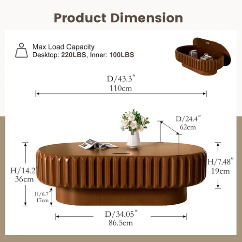 Miniatura 2 de Mesa auxiliar ovalada con almacenamiento, mesa de centro moderna acanalada de 43.3 pulgadas con tapa extraíble para sala de estar, mesa central