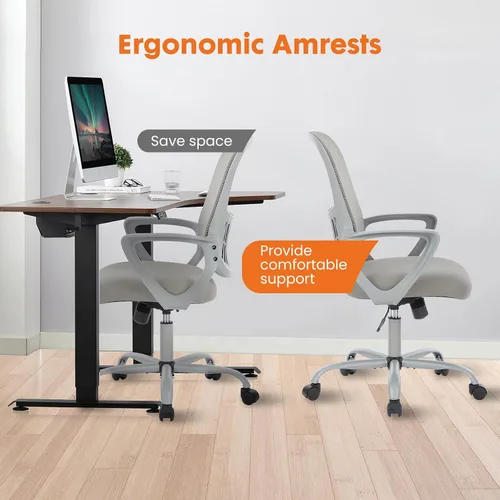 Miniatura 4 de Silla ejecutiva de oficina Sweetcrispy para gerente, ergonómica de malla ajustable, con respaldo medio giratorio y soporte lumbar cómodo, brazos Gris