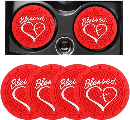 Miniatura 12 de Dickno 2 piezas posavasos para portavasos de automóvil, 2.76 pulgadas cruz bendita y corazón tapete de bebida cristiano, PVC suave antideslizante a