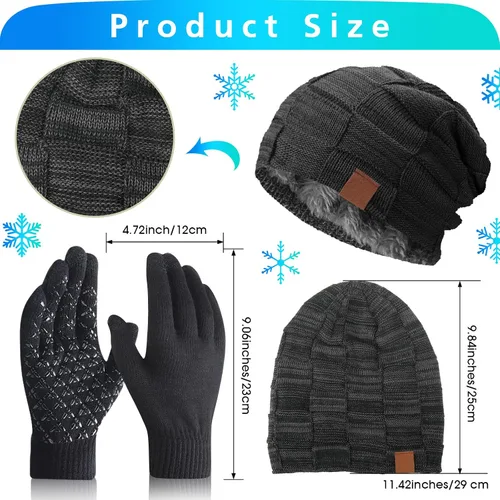 Miniatura 2 de 4 Pack Winter Hats for Men Beanie and Gloves Set,Winter Slouchy Beanie Hat Warm Gloves Lined Knit Thick