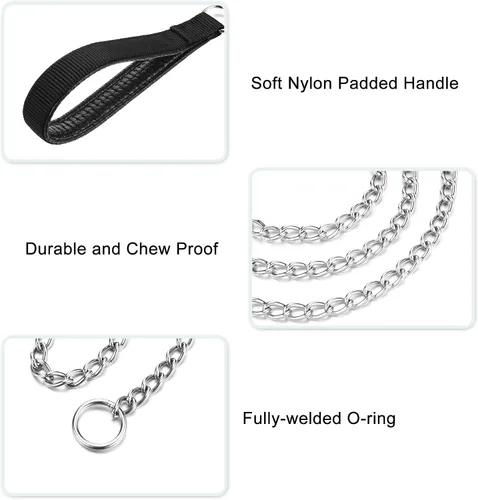 Miniatura 4 de Correa y collar de metal para perro, cadena a prueba de mordidas de 4 pies con cadena en P, correa resistente para mascotas con mango acolchado