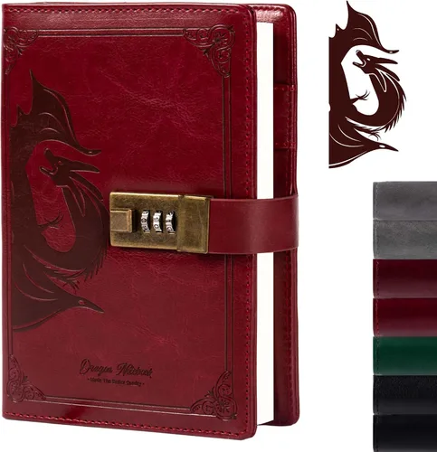 Miniatura 15 de TIEFOSSI Diario de Cuero Dragón, Cuaderno de Tapa Dura, Diario Recargable con Cerradura, Cuadernos de Escritura con Papel Rayado/En Blanco