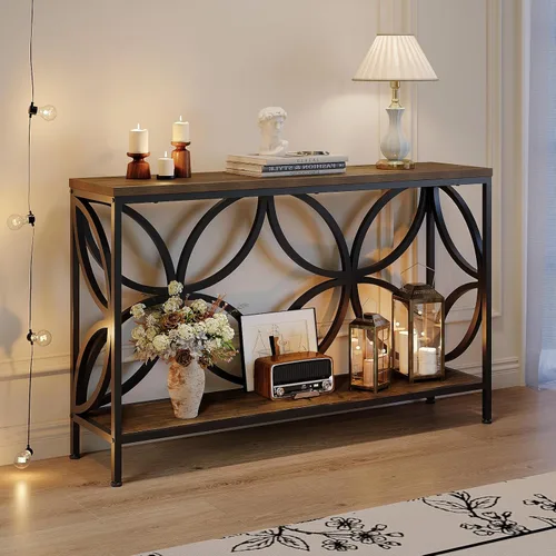 Miniatura 9 de GiftGo Mesa de sofá estrecha de 47.2 pulgadas, mesa de sofá industrial detrás del sofá, mesa consola de entrada vintage con almacenamiento para Gris