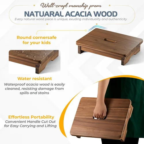Miniatura 2 de FANATU Taburete de Madera de Un Escalón, Taburete de Un Escalón para Adultos, Taburete de Madera para Cabecera con Capacidad de 550 libras, Diseño