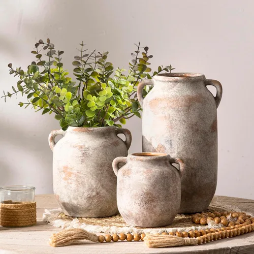 Miniatura 4 de Florero de cerámica para decoración del hogar - 7.6 pulgadas, jarrones rústicos de granja de mesa con asa, decoración de sala de estar, cerámica