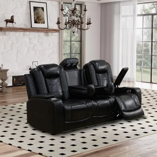 Sofá reclinable eléctrico, sillón reclinable de cuero con LED/almacenamiento, sillón reclinable de cine en casa de 3 plazas, sofá de cuero negro