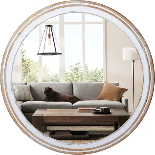 Miniatura 15 de Reflinto Espejos redondos de madera boho de 24 pulgadas para decoración de pared, espejo circular decorativo rústico para baño, sobre fregadero