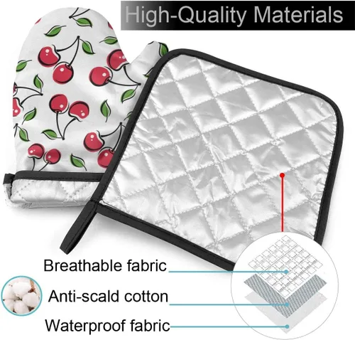 Miniatura 4 de Juego de 2 guantes de horno y soportes para ollas de cereza roja, resistentes al calor, con superficie antideslizante para una barbacoa segura